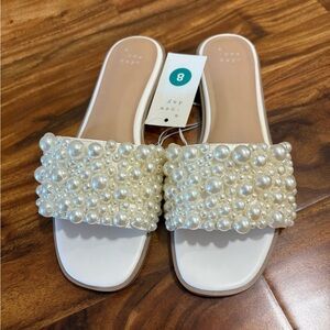 New White Pearl Embellished Sandal Slides